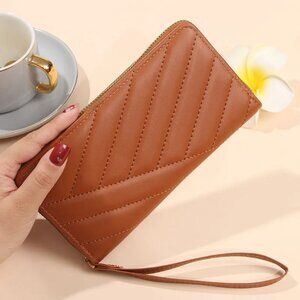 $10 ADD ON- Cognac Brown Chevron Quilted Zip Around Wristlet Wallet Fits Phone
